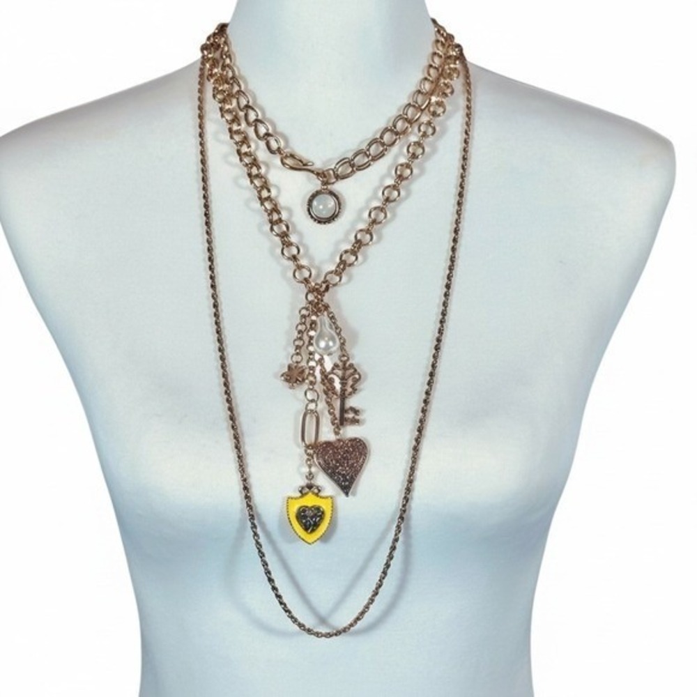 Free People Tate Layered Charm Necklace NWT OS Gold Heart Key Pearl Shield